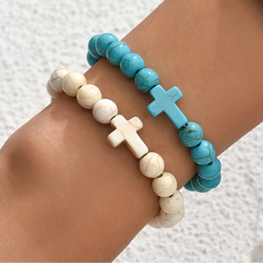 Turquoise and Cream Beaded Cross Bracelets A828